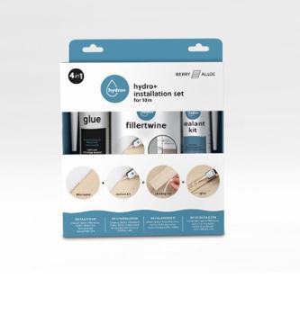 Kit de pose Hydro+ pour 10m² de parquets et stratifiés, incluant cale de frappe, tire-lame et espaceurs, pour une installation facile et résistante à l'eau.