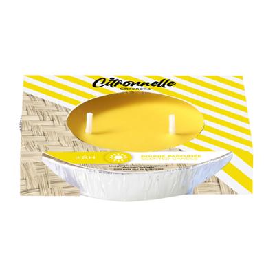 Bougie Parfumée Citronnelle 2 Mèches dans un pot en verre, idéale pour les terrasses et jardins.