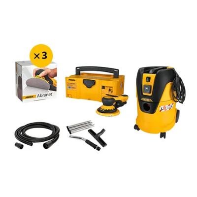 Pack Ponceuse professionnelle électroportative Mirka Deros II Premium 1125L avec accessoires et mallette de transport.