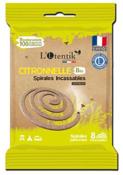 Spirales anti-moustique vertes à la citronnelle bio en sachet de 8, idéales pour terrasses et jardins.