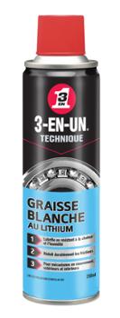 Graisse Blanche au Lithium 3-EN-UN Technique 250 ml en aérosol pour lubrifier et protéger les mécanismes.