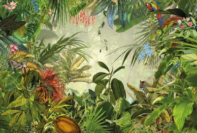 Papier Peint Panoramique Into the Wild 368 x 248 cm, décor forêt tropicale luxuriante et faune sauvage.
