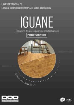 Collection de revêtements de sol Iguane 2026, avec présentation d'échantillons aux différentes textures et couleurs.