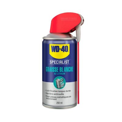 Graisse blanche au lithium WD-40 Specialist en aérosol pour une lubrification haute performance des pièces métalliques.