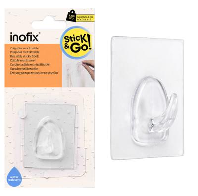 Crochet adhésif réutilisable petit modèle transparent pour suspendre ustensiles ou torchons de cuisine.