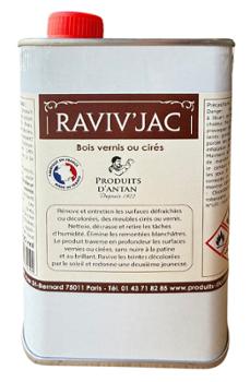 Bouteille de raviveur RAVIV'JAC 250 ml pour meubles bois cirés ou vernis, redonne éclat et protège.