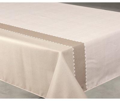 Nappe rectangulaire 140x240 cm en polyester aspect lin, sur cintre.