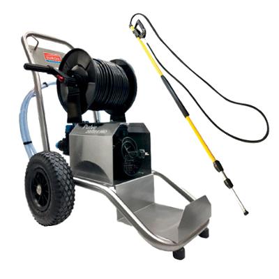 Pulvérisateur basse pression Pulve 20/20 E Plus avec enrouleur intégré et lance télescopique pour usage professionnel.