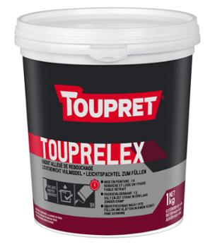 Pot d'enduit de rebouchage Touprelex Allégé pour extérieur 1L, de couleur blanche, idéal pour fissures et trous.