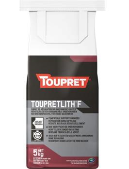 Enduit de rebouchage et réparation Touprelith F pour maçonnerie et murs extérieurs, sac de 5 kg, couleur gris ciment.