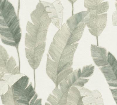 Papier peint vinyle sur intissé Bali Jungle Lea vert écru, motif feuilles tropicales luxuriantes