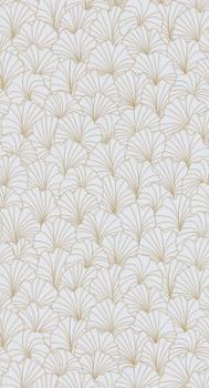 Papier peint expansé sur intissé à motifs pétales blancs et dorés, avec un subtil relief texturé.
