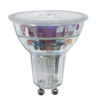 Ampoule LED GU10 en verre transparent avec réflecteur facetté et culot à deux broches.