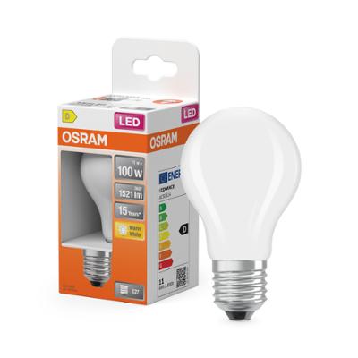 Ampoule LED standard Osram E27 blanc chaud équivalent 100W avec emballage.