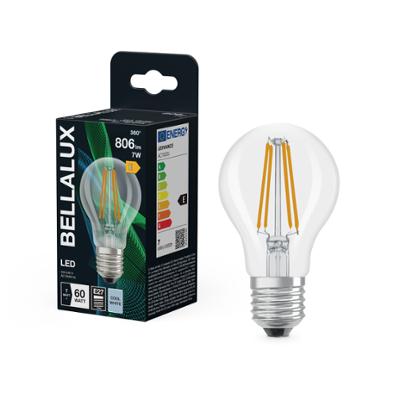 Ampoule LED standard à filament Bellalux E27 transparente blanc froid équivalent 60W avec emballage.