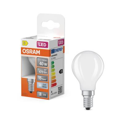 Ampoule LED sphérique Osram E14 blanc froid équivalent 40W avec emballage.