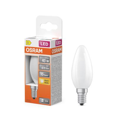 Ampoule LED flamme Osram E14 blanc chaud équivalent 40W avec emballage.