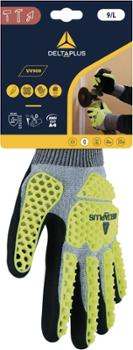 Gant de protection Delta Plus VV909 anti-coupure haute visibilité avec renforts alvéolés jaunes et paume noire.