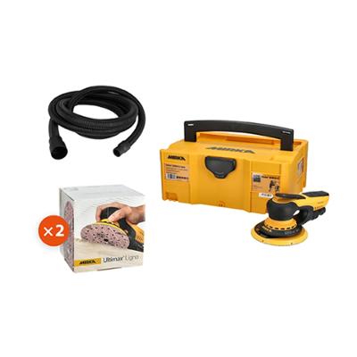 Pack comprenant une ponceuse orbitale Mirka, une mallette de transport jaune, un tuyau d'aspiration et deux boîtes d'abrasifs Ultimax Ligno.