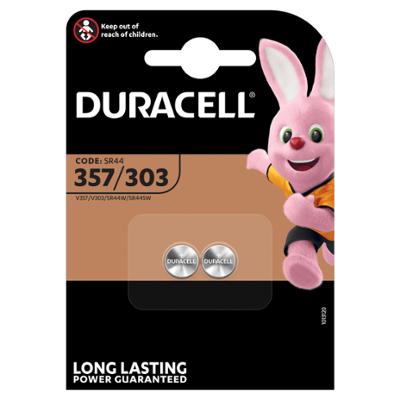 Pack de deux piles boutons Duracell 357/303, compatibles avec les formats SR44, V357, V303, SR44W et SR44SW.