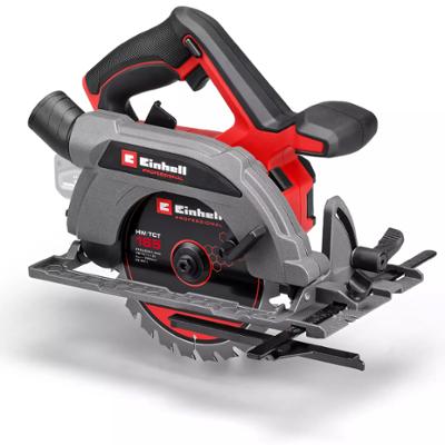 Scie circulaire sans fil Einhell Professional rouge et grise avec lame de 165 mm et poignée ergonomique.