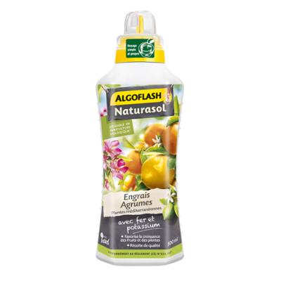 Flacon de 500 ml d'engrais agrumes Algoflash Naturasol avec fer et potassium, utilisable en agriculture biologique.