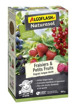 Boîte de 800 g d'engrais longue durée Algoflash Naturasol pour fraisiers et petits fruits, avec laine de mouton et utilisable en agriculture biologique.