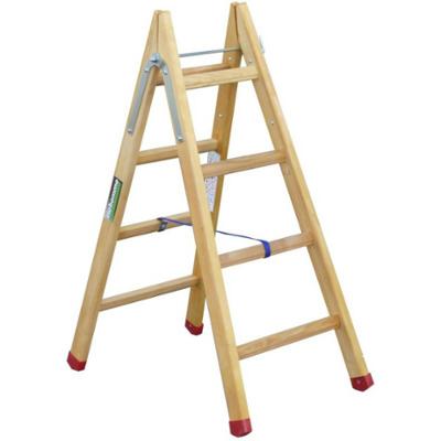 Escabeau double en bois Richomme à quatre échelons avec sangles de sécurité bleues et patins antidérapants rouges.