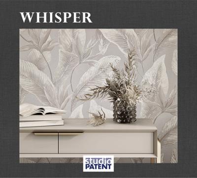 Catalogue de papiers peints Marburg "Whisper" présentant des motifs abstraits et texturés dans des tons gris et blancs.