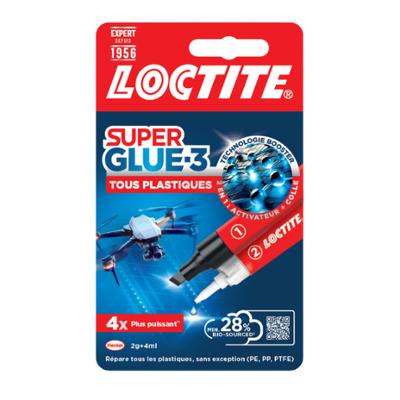 Colle Superglue-3 Spécial Plastiques en tube 2g et stylo 4ml, adhésion forte et rapide